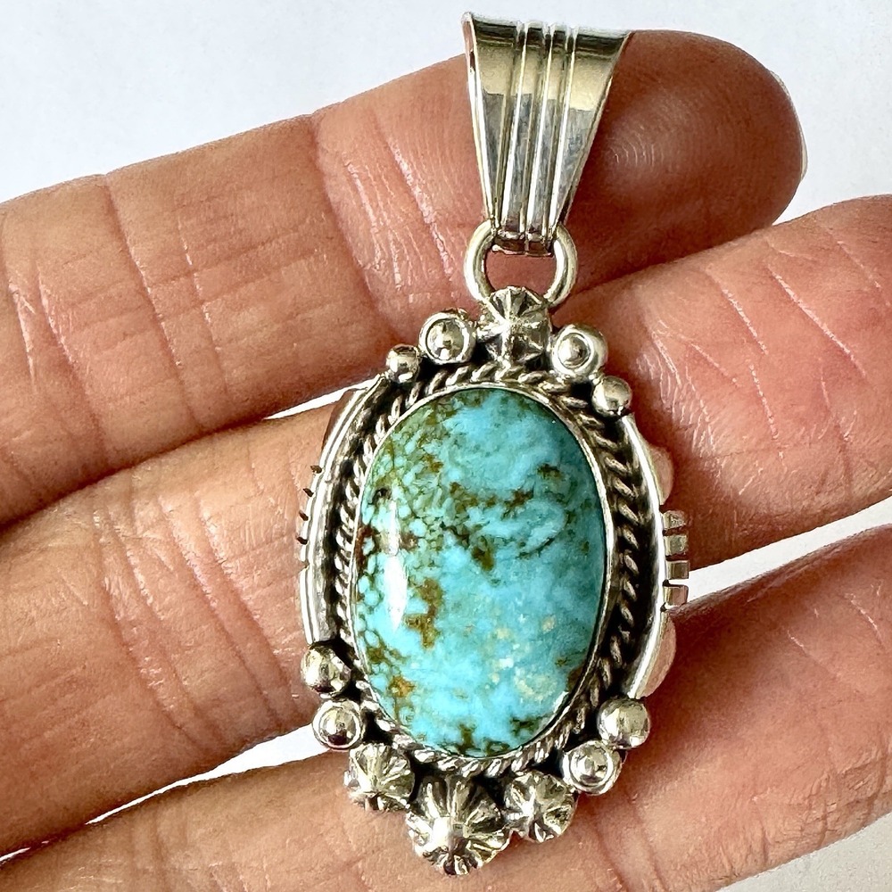 Navajo Turquoise Pendant Sonoran Daniel Benally Sterling‎ High Shine Native Amer